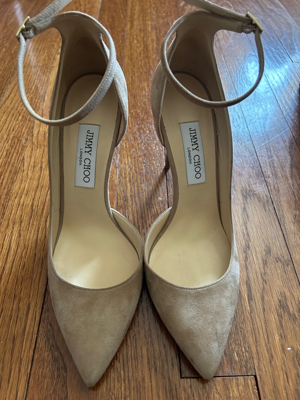 Jimmy Choo Lucy 100 Beige Suede Pointed-Toe Ankle-Strap Pumps